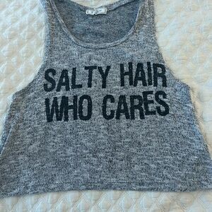 Gray Cropped Graphic Tank Top - 'Salty Hair Who Cares'